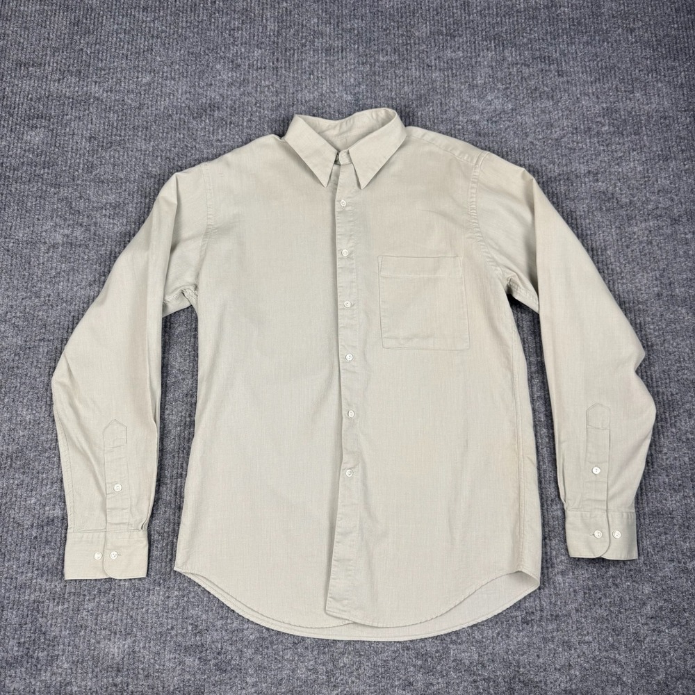 Vtg 90s Donna Karan Button Down Shirt Mens 15.5-35 Beige Cotton Textured Preppy